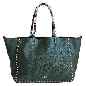 VALENTINO GREEN/BLACK REVERSIBLE ROCKSTUD LEATHER TOTE